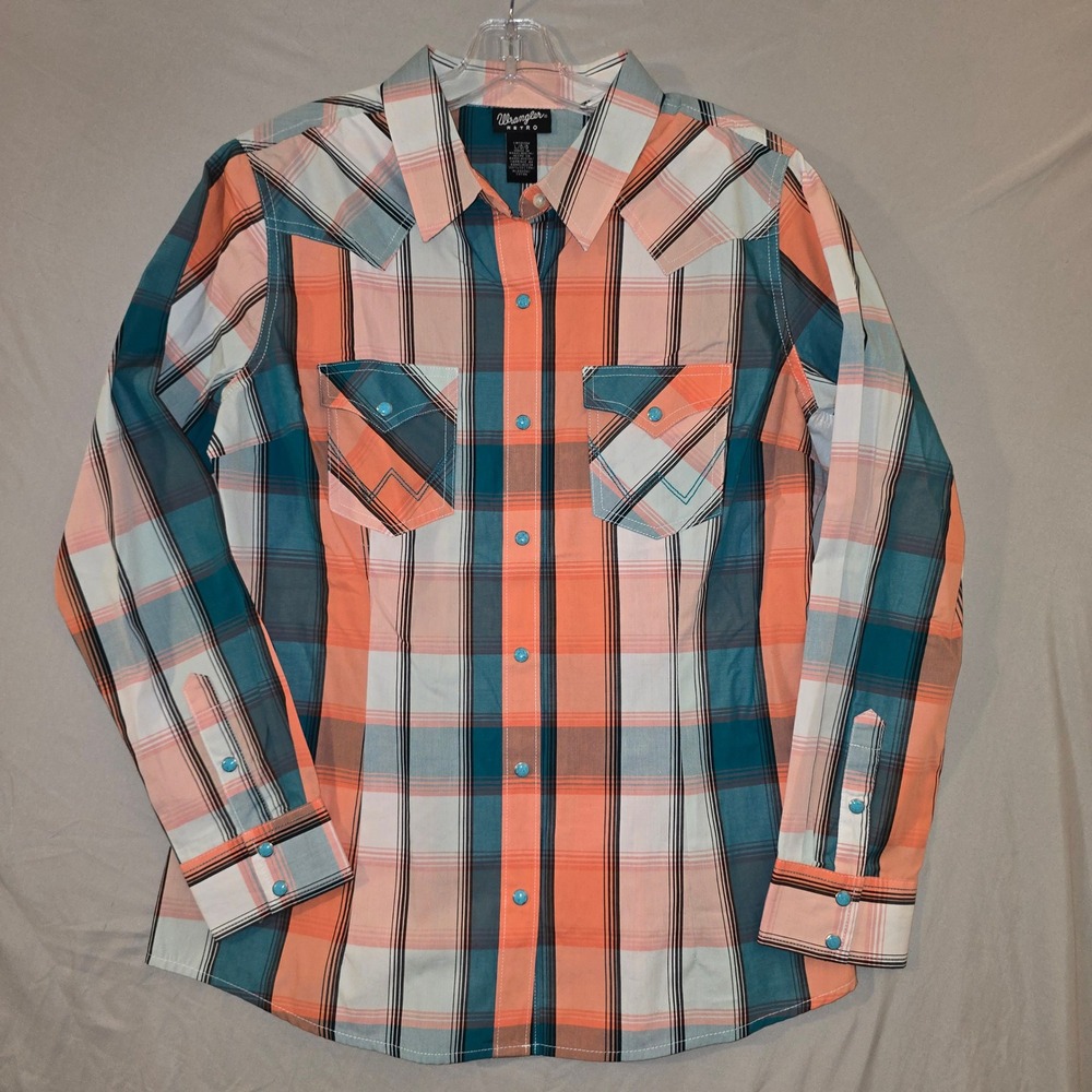 Wrangler Retro Western Turquoise Snap Shirt Large Women Coral Teal Plaid Cotton